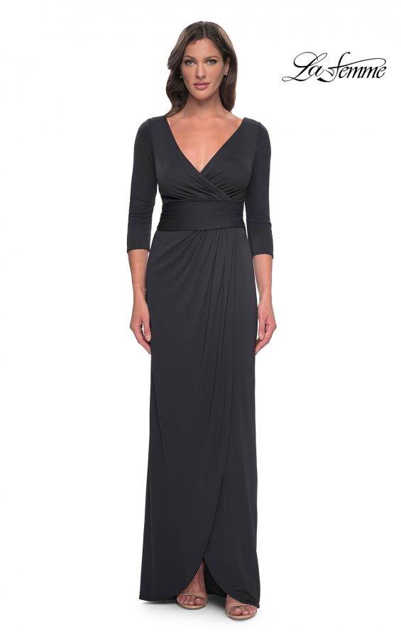Picture of: Simple Chic Jersey Dress with Ruched Waist and V Neckline in Charcoal, Style: 31014, Detail Picture 1