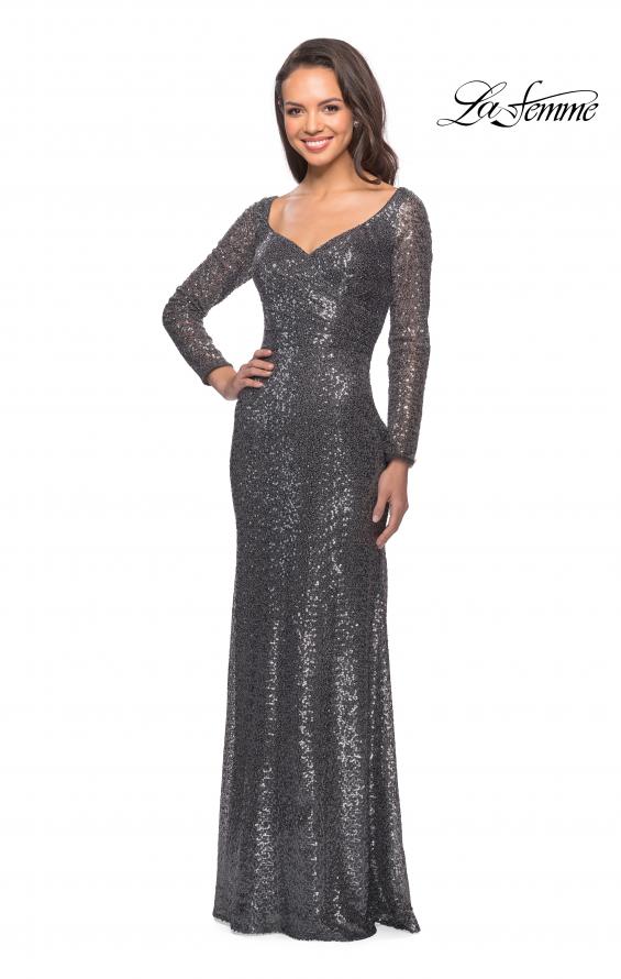 Picture of: Long Sleeve Sequined Gown with Soft V-Neckline in Charcoal, Style: 25331, Detail Picture 2