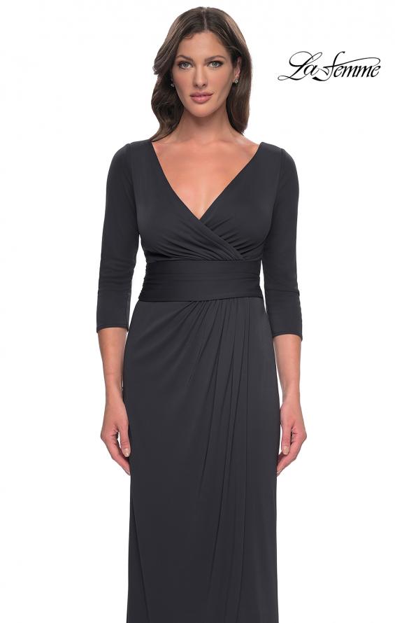 Picture of: Simple Chic Jersey Dress with Ruched Waist and V Neckline in Charcoal, Style: 31014, Detail Picture 7