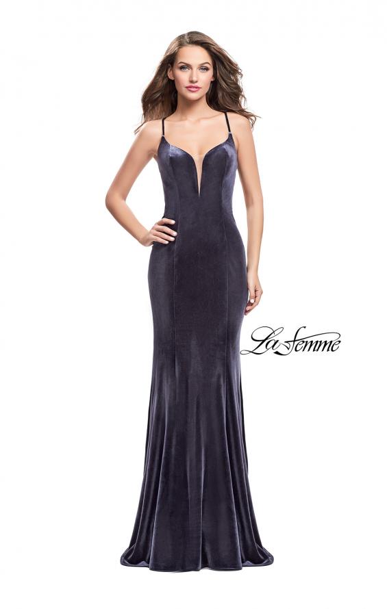 Picture of: Velvet Mermaid Style Prom Dress with Deep V Neckline in Charcoal, Style: 25174, Detail Picture 1