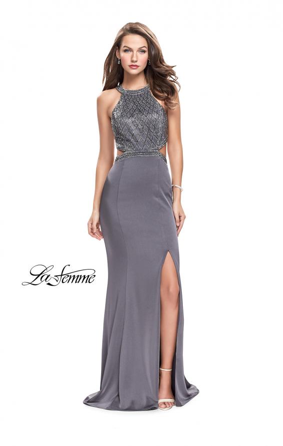 Picture of: Long Jersey Prom Dress with High Neck and Beading in Charcoal, Style: 26130, Detail Picture 1