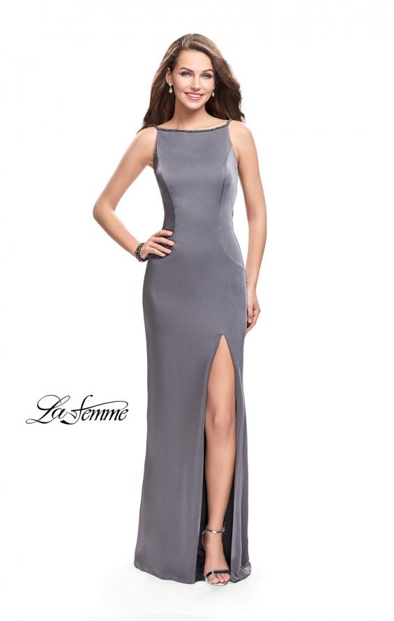Picture of: Long Classic Form Fitting Prom Dress with Leg Slit in Charcoal, Style: 26274, Detail Picture 1