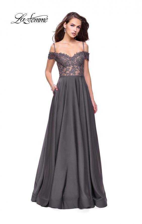 Picture of: Long A-line Prom Dress with Sheer Lace Beaded Bodice in Charcoal, Style: 25479, Detail Picture 2