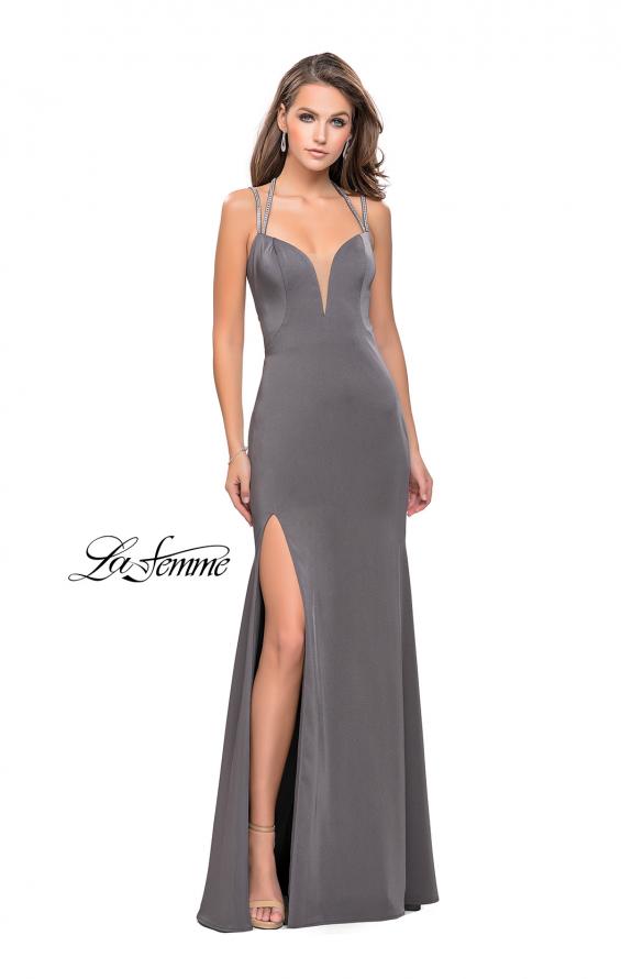 Picture of: Long Jersey Dress with Metallic Straps and Embellishments in Charcoal, Style: 25660, Detail Picture 2