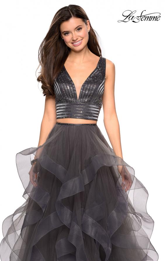 Picture of: Two Piece Metallic Tulle Dress with Rhinestone Bust in Charcoal, Style: 27445, Detail Picture 5