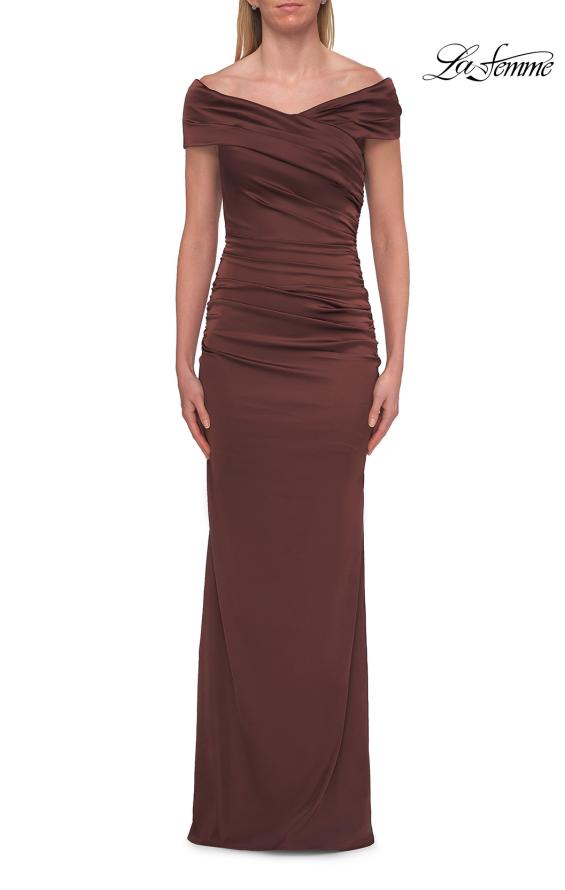 Picture of: Off-the-Shoulder Ruched Satin Evening Gown in Chocolate, Style: 33620, Detail Picture 1