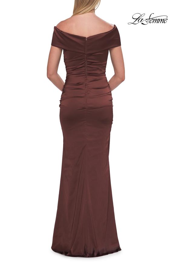 Picture of: Off-the-Shoulder Ruched Satin Evening Gown in Chocolate, Style: 33620, Detail Picture 2