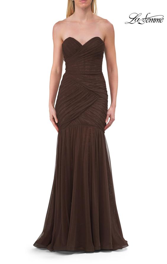 Picture of: Strapless Ruched Mesh Mermaid Evening Gown in Chocolate, Style: 33588, Detail Picture 8