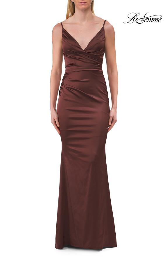 Picture of: Satin Fitted Gown with Gathered Bodice and Spaghetti Straps in Chocolate, Style: 33421, Detail Picture 32