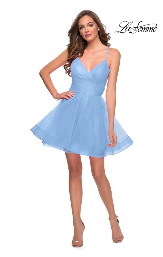 Picture of: Short Fit and Flare Tulle Dress with Open Back in Cloud Blue, Detail Picture 1