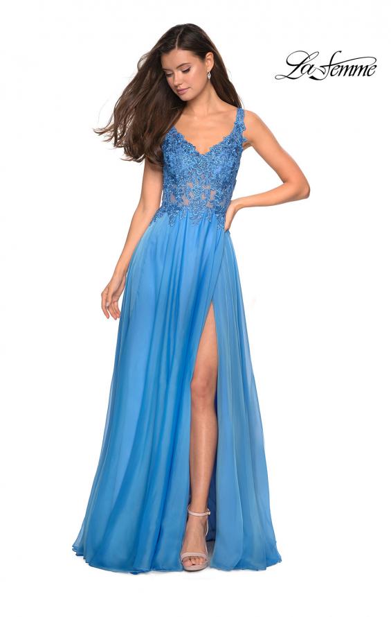 Picture of: Floor Length Chiffon Prom Dress with Sheer Floral Bodice in Cloud Blue, Style: 27751, Main Picture