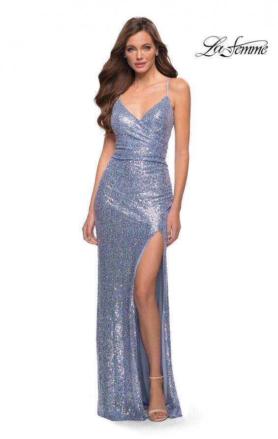 Picture of: Long Sequin Prom Dress with V Neck and Lace Up Back in Cloud Blue, Style 29913, Main Picture
