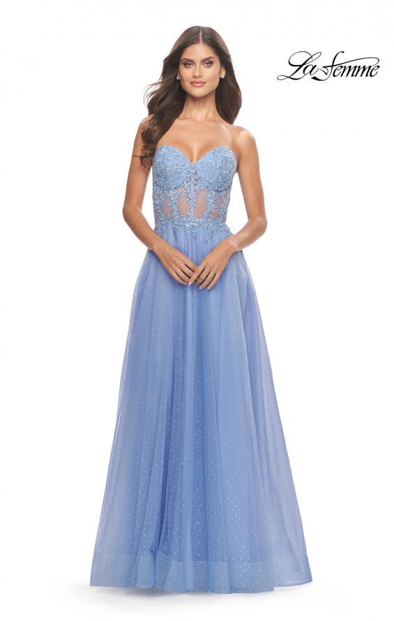 Picture of: Rhinestone Tulle Gown with Sheer Lace Bodice in Cloud Blue, Style: 31367, Detail Picture 8