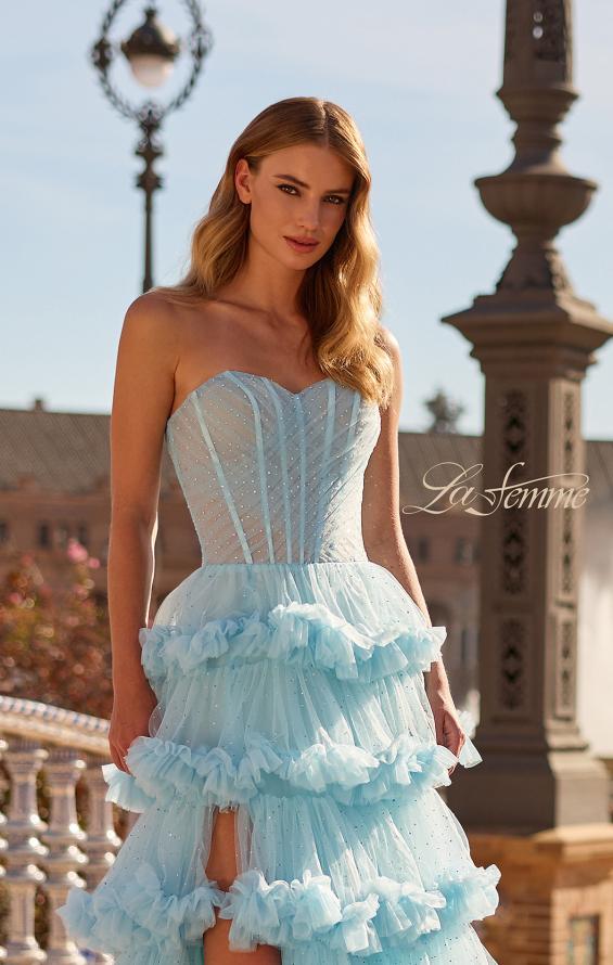 Picture of: Tiered Ruffle Gown with Strapless Corset Bodice and Rhinestones in Cloud Blue, Style: 33812, Detail Picture 9