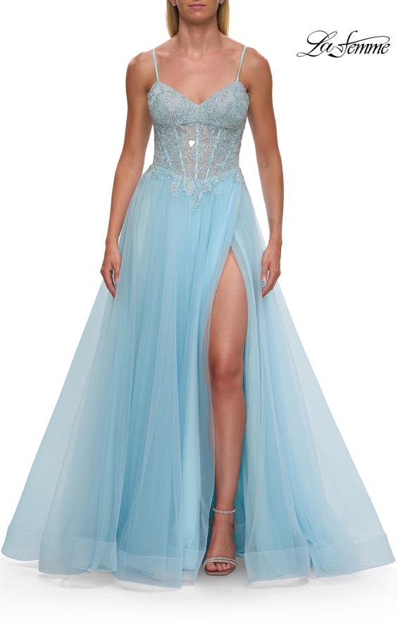 Blue Picture of: Lace Corset Tulle Gown with High Slit and A-Line Skirt in Cloud Blue, Style: 33436, Detail Picture 10