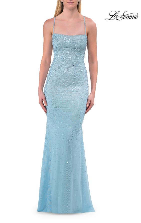 Blue Picture of: Rhinestone Jersey Gown with Open Lace-Up Back in Cloud Blue, Style: 33863, Detail Picture 10