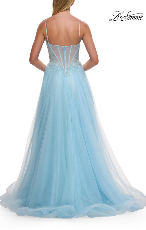 Blue Picture of: Lace Corset Tulle Gown with High Slit and A-Line Skirt in Cloud Blue, Style: 33436, Detail Picture 11