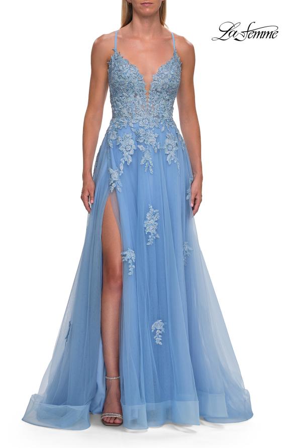 Blue Picture of: Floral Beaded Tulle Gown with Slit and Lace-Up Back in Cloud Blue, Style: 33716, Detail Picture 11