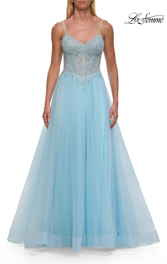 Blue Picture of: Lace Corset Tulle Gown with High Slit and A-Line Skirt in Cloud Blue, Style: 33436, Detail Picture 12
