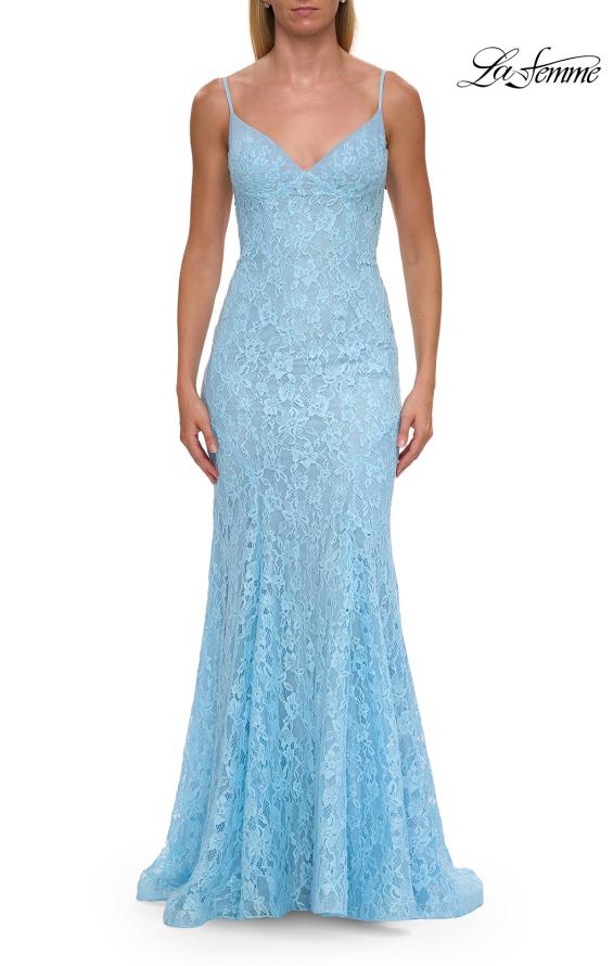 Picture of: Lace Fitted Gown with Sheer Back and Spaghetti Straps in Cloud Blue, Style: 33452, Detail Picture 12