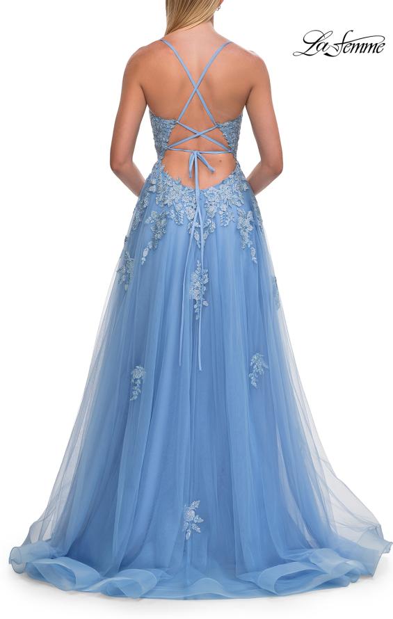Blue Picture of: Floral Beaded Tulle Gown with Slit and Lace-Up Back in Cloud Blue, Style: 33716, Detail Picture 12