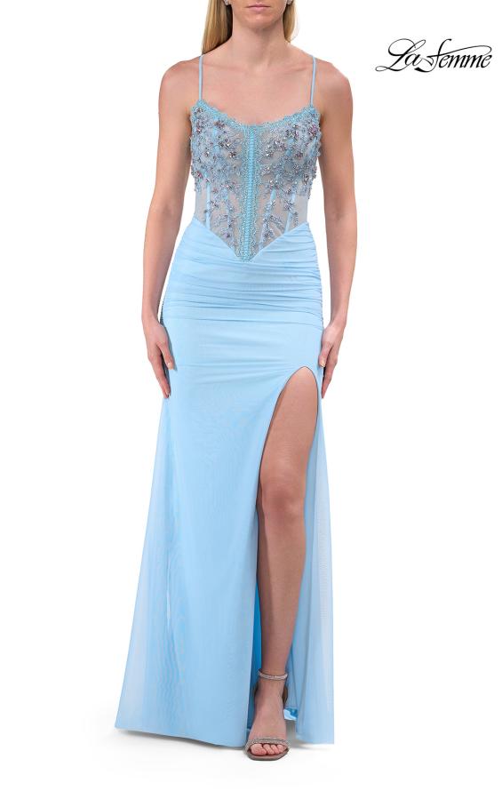 Picture of: Embroidered Corset Gown with Sheer Bodice and High Slit in Cloud Blue, Style: 33783, Detail Picture 13