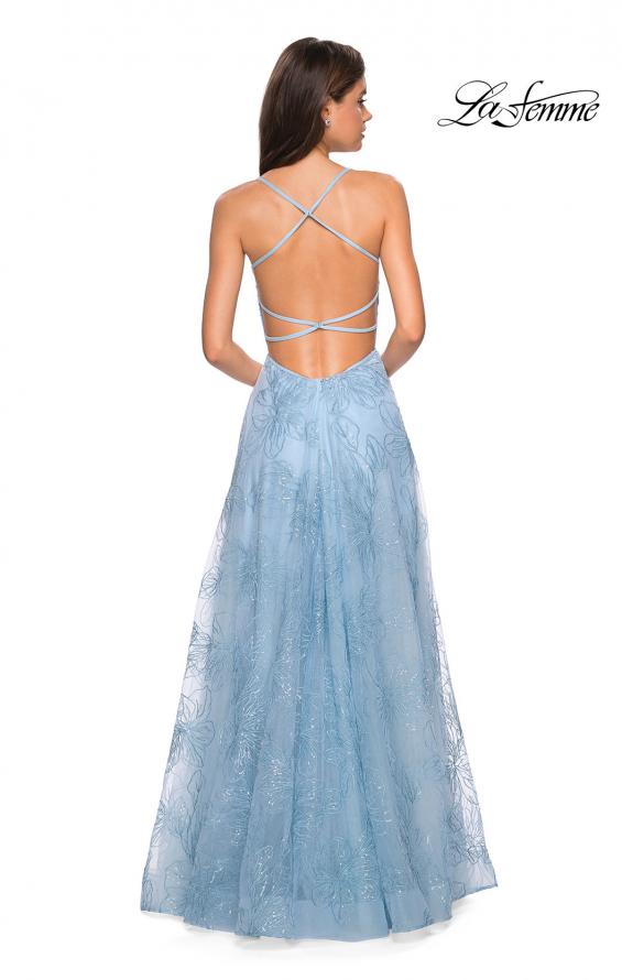 Picture of: Lace Prom Dress with Floral Detail and Side Leg Slit in Cloud Blue, Style: 27704, Back Picture