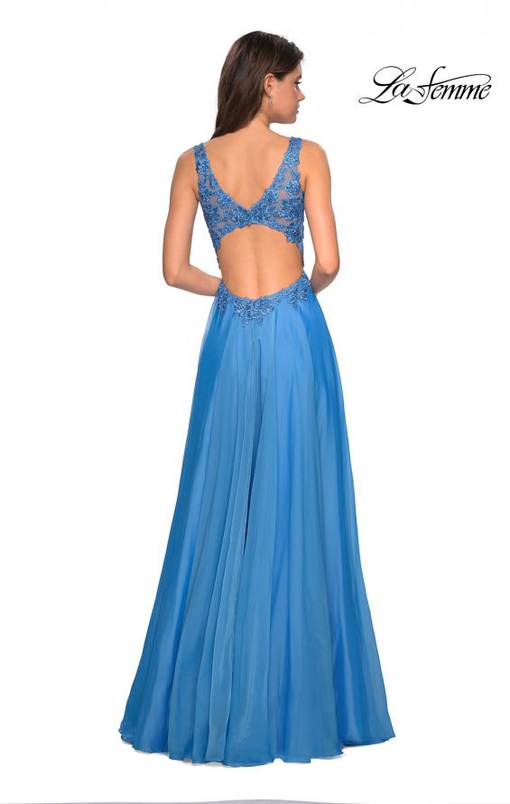 Picture of: Floor Length Chiffon Prom Dress with Sheer Floral Bodice in Cloud Blue, Style: 27751, Back Picture