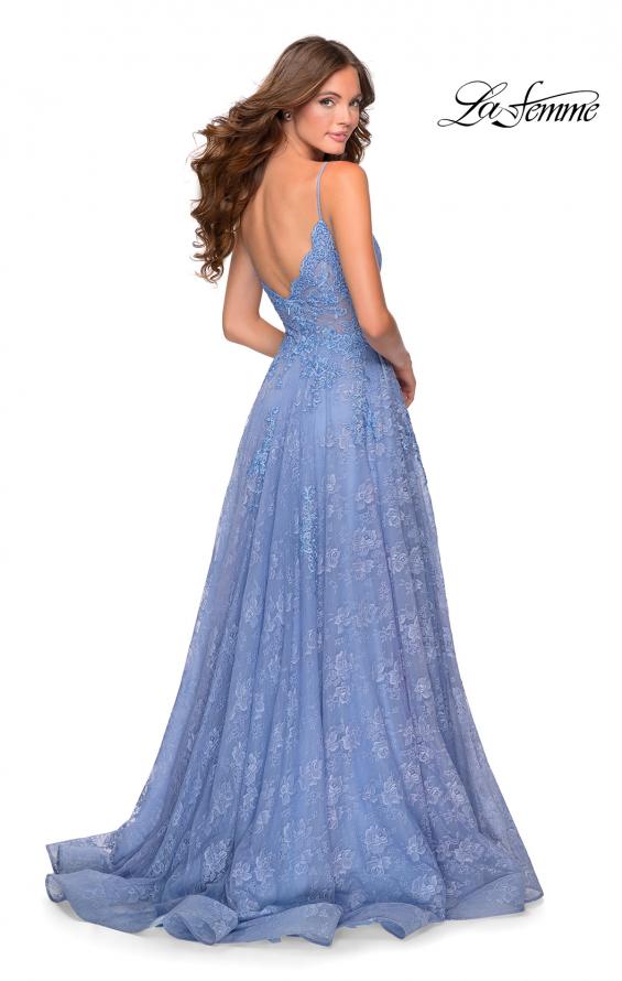 Picture of: Floral A-line Prom Gown with Sheer Bodice and Pockets in Cloud Blue, Style: 28386, Back Picture