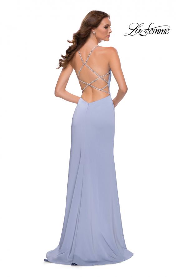 Picture of: Jersey Dress with Beaded Rhinestone Straps in Cloud Blue, Style 29720, Back Picture