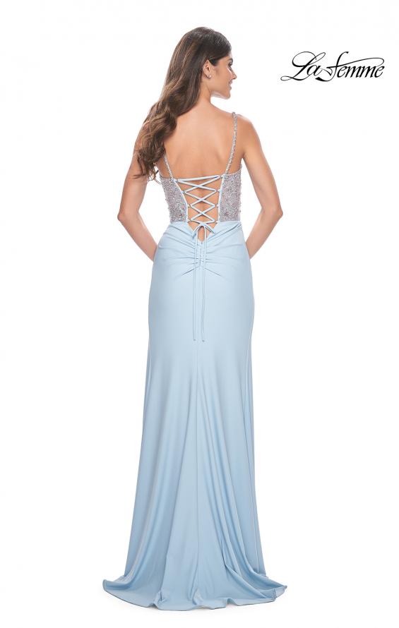 Picture of: Fitted Jersey Gown with Pretty Beaded Rhinestone Illusion Bodice in Cloud Blue, Style: 32089, Back Picture