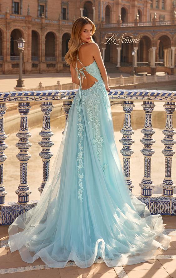 Picture of: Beaded A-Line Tulle Gown with Slit and Open Tie Back in Cloud Blue, Style: 33715, Back Picture