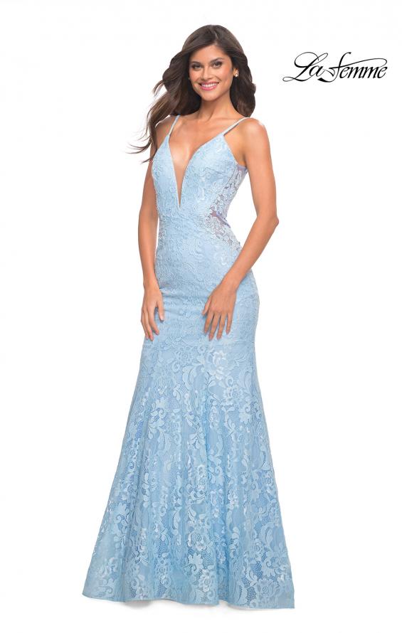 Picture of: Long Mermaid Lace Dress with Back Rhinestone Detail in Cloud Blue, Style: 28355, Detail Picture 26