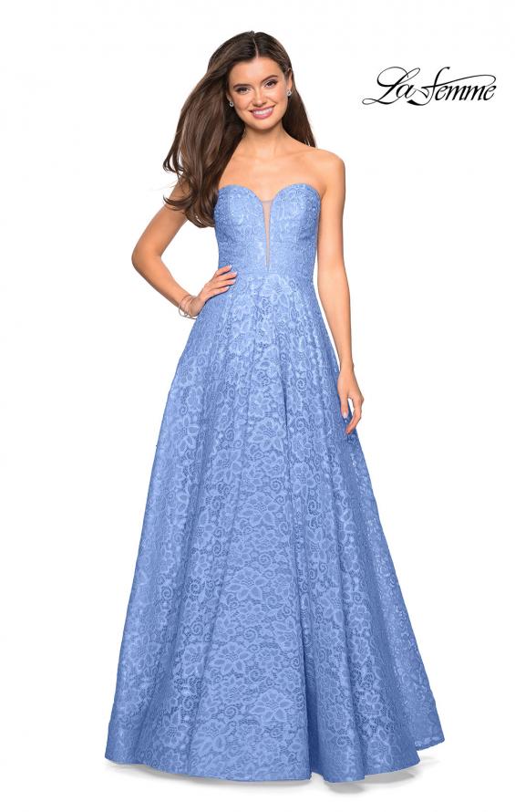 Picture of: A Line Lace Strapless Ball Gown in Cloud Blue, Style: 27284, Detail Picture 1