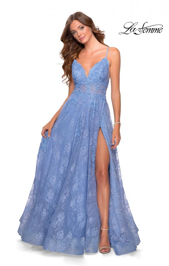 Picture of: Floral A-line Prom Gown with Sheer Bodice and Pockets in Cloud Blue, Style: 28386, Detail Picture 1