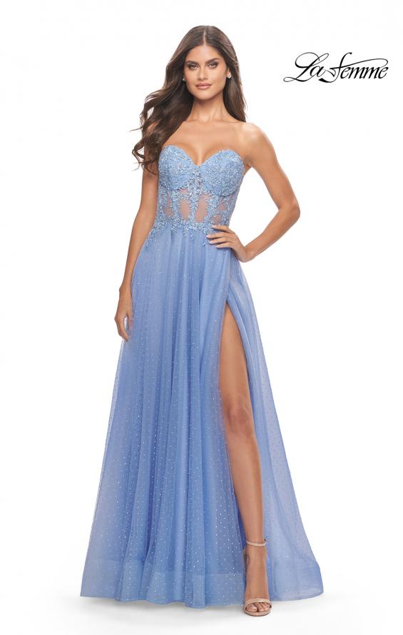 Picture of: Rhinestone Tulle Gown with Sheer Lace Bodice in Cloud Blue, Style: 31367, Detail Picture 1