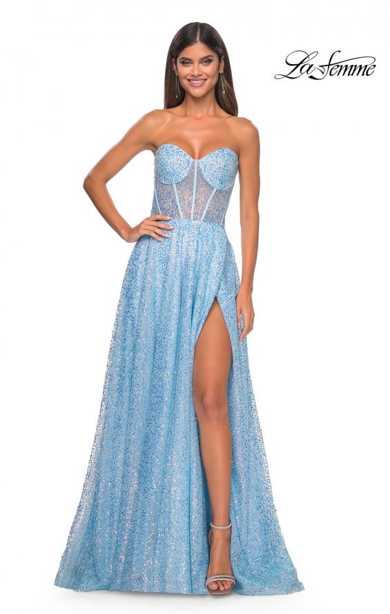 Picture of: Sequin Rhinestone A-Line Tulle Sweetheart Gown with Lace Up Back in Cloud Blue, Style: 32136, Detail Picture 1