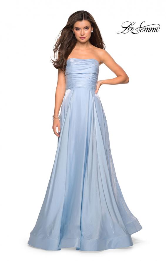 Picture of: Strapless Satin Gown with Ruching and Pockets in Cloud Blue, Style: 27130, Detail Picture 2