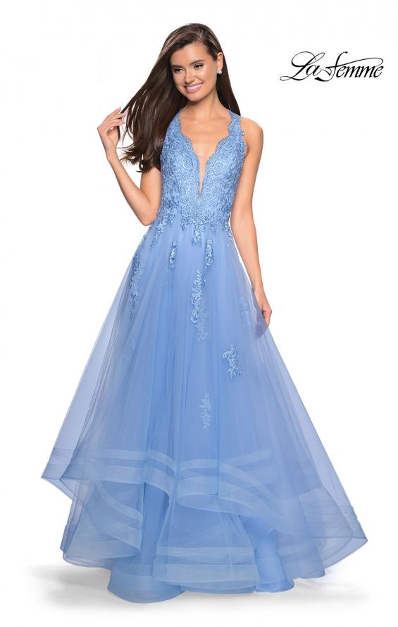 Picture of: Racer Back Lace Embellished Floor Length Ball Gown in Cloud Blue, Style: 27603, Detail Picture 2