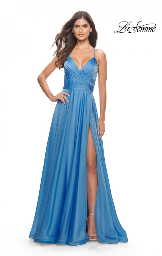 Picture of: Chiffon Prom Dress with Ruched Bodice and Slit in Cloud Blue, Style: 30840, Detail Picture 2
