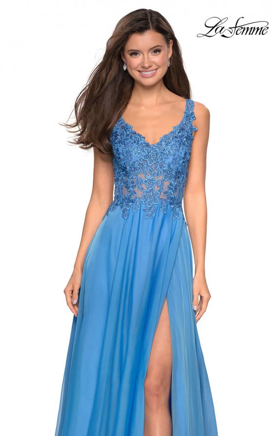 Picture of: Floor Length Chiffon Prom Dress with Sheer Floral Bodice in Cloud Blue, Style: 27751, Detail Picture 3
