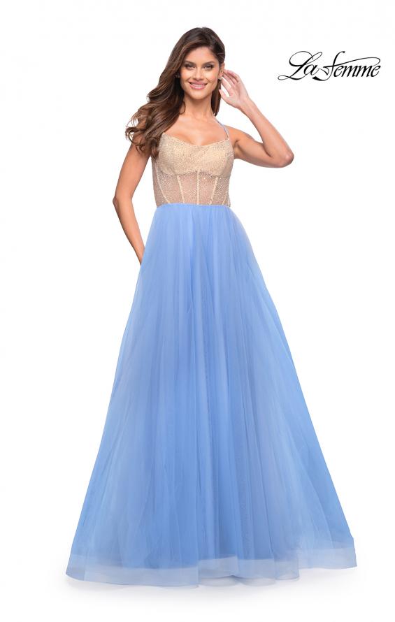 Picture of: Tulle Ball Gown with Jeweled Top and Pockets in Cloud Blue, Style: 30697, Detail Picture 3