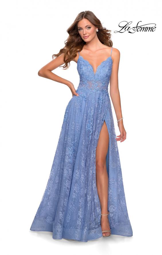 Picture of: Floral A-line Prom Gown with Sheer Bodice and Pockets in Cloud Blue, Style: 28386, Detail Picture 4