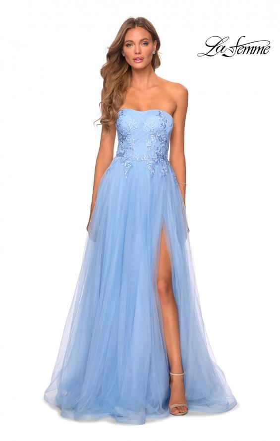 Picture of: Strapless Tulle Gown with Floral Embellishments in Cloud Blue, Style: 28586, Detail Picture 4