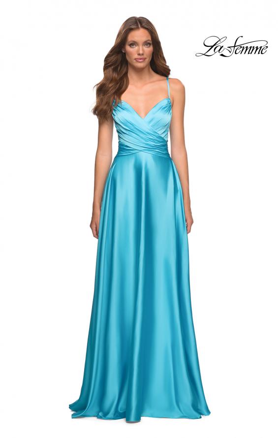 Picture of: Bright Satin Gown with Criss-Cross Ruched Top in Blue, Style: 30662, Detail Picture 4