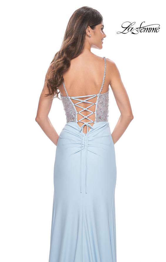 Picture of: Fitted Jersey Gown with Pretty Beaded Rhinestone Illusion Bodice in Cloud Blue, Style: 32089, Detail Picture 4