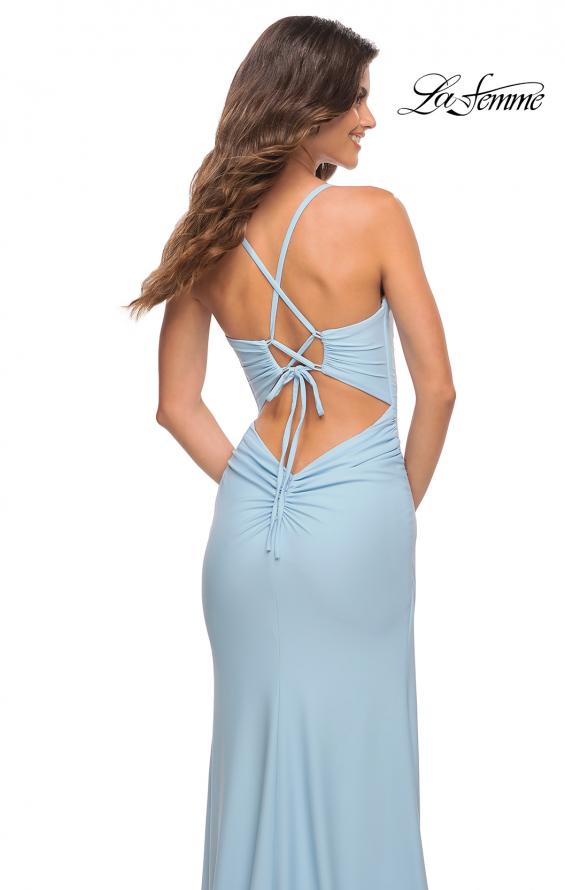 Picture of: Long Pastel Dress with Flattering Ruching and Slit in Cloud Blue, Detail Picture 5