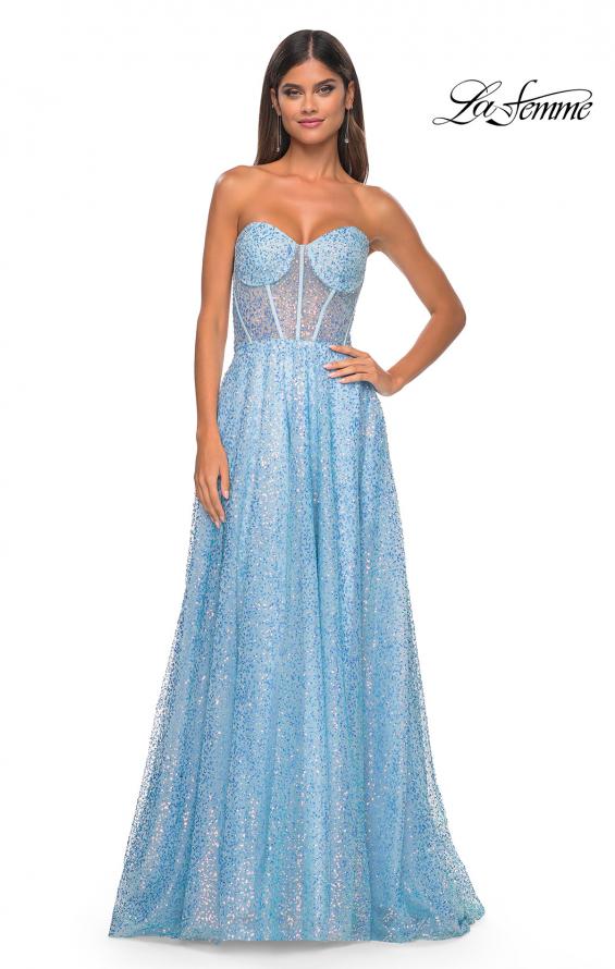 Picture of: Sequin Rhinestone A-Line Tulle Sweetheart Gown with Lace Up Back in Cloud Blue, Style: 32136, Detail Picture 5