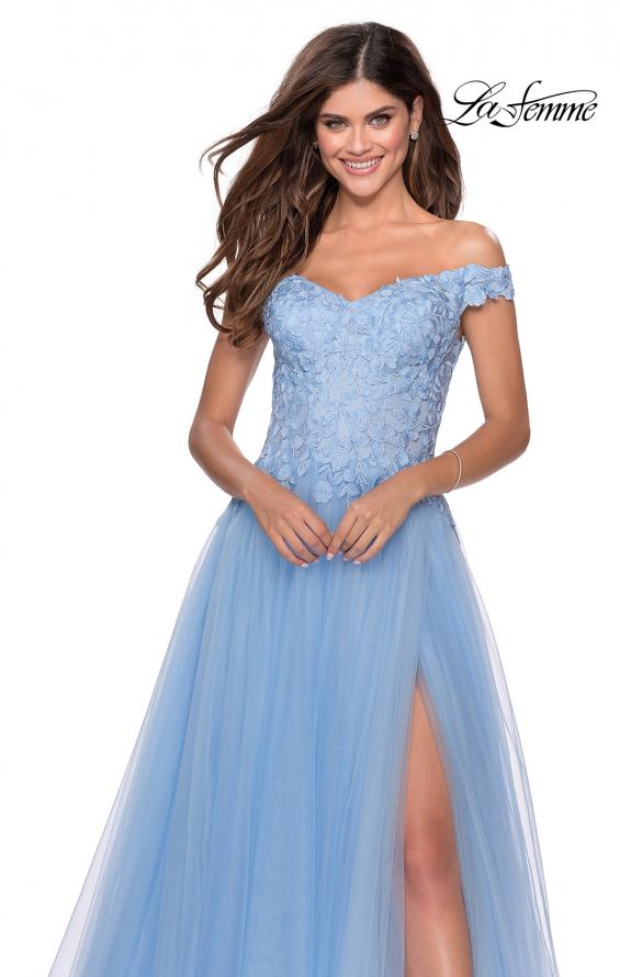 Picture of: Off the Shoulder Tulle Gown with Sheer Floral Bodice in Cloud Blue, Style: 28598, Detail Picture 6