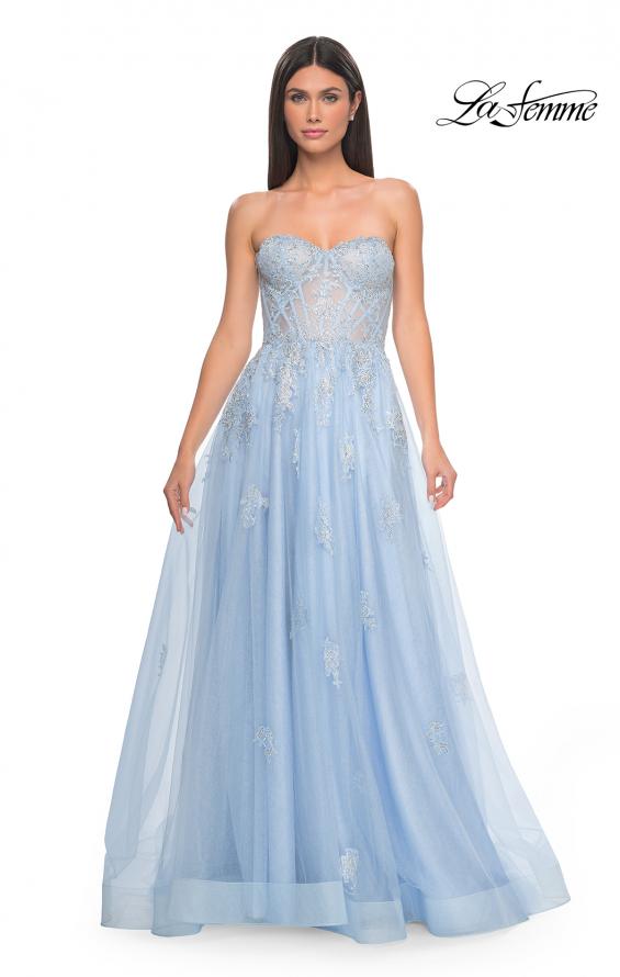 Picture of: Gorgeous Lace A-Line Dress with Rhinestone Lace Details in Cloud Blue, Style: 32111, Detail Picture 6